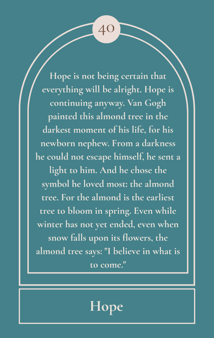 Hope card, back — reflection text on hope and the almond tree